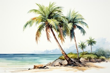 The watercolor painting shows a beautiful beach with palm trees, white sand and blue ocean. It's a perfect place to relax and enjoy the scenery.