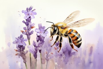 watercolor painting of a bee pollinating lavender flowers.