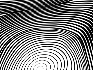Abstract hypnotic wave pattern with black-and-white striped lines. Psychedelic background. Op art, optical illusion. Modern design, graphic texture.