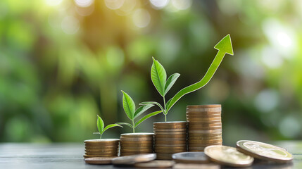 Sprouts poised on stacked coins with upward arrow indicating economic development and environmental consciousness