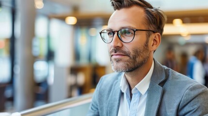 Obraz premium Businessman in Gray Suit, Beard, and Glasses: Cafe Setting