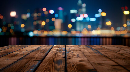 Wooden board with a city in the background, created with Generative Ai technology	