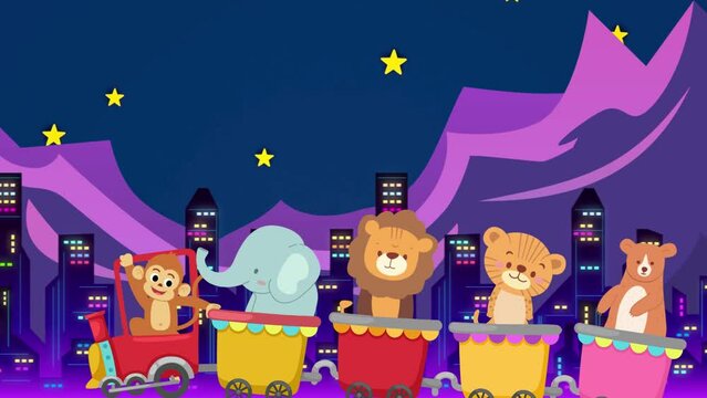 2D cartoon cute animal lion, elephant, bear, jaguar, and monkey driving little funny train with Night Urban cityscape Landscape 