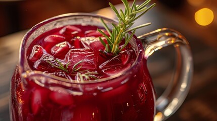 A glass pitcher filled with a deep red pomegranate mocktail with a sprig of rosemary as garnish.