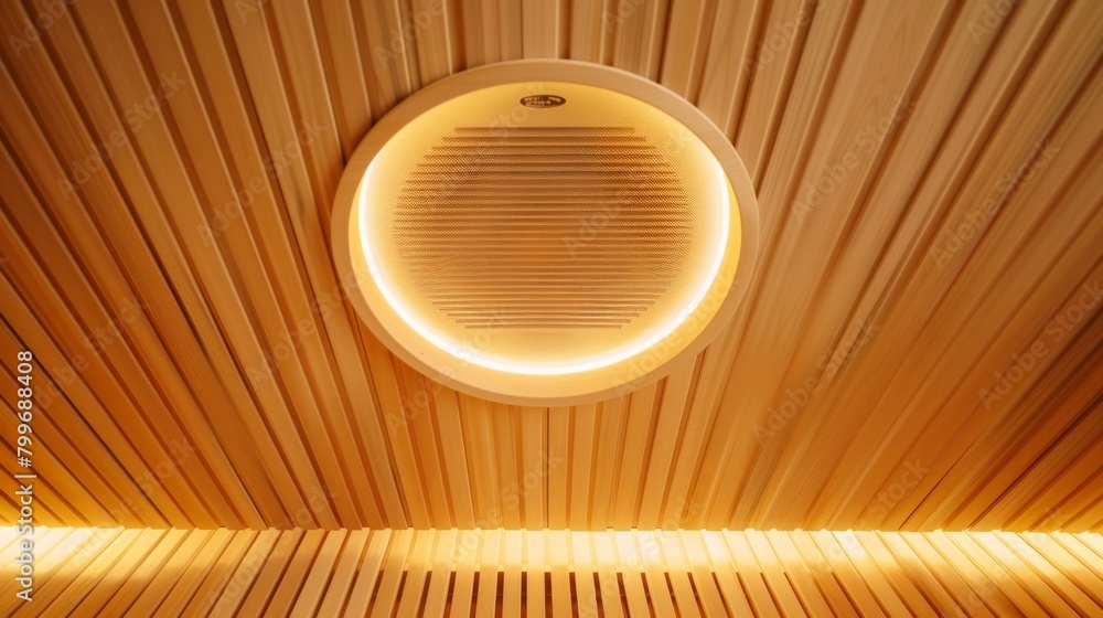 Poster image 9 a topdown view of a sauna with a circular timer mounted on the ceiling casting a soft yellow