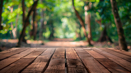 Wooden board with a forest in the background created with Generative Ai technology