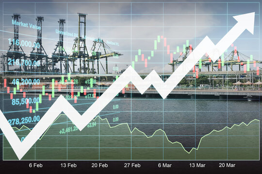 Stock financial index show successful investment on logistic industry with graph, chart and candlesticks on row of cranes for moving containers from ship to habor background.