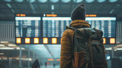 A man with a backpack is standing in an airport, looking at the arrivals and departures board.