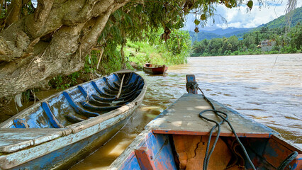 idyll scenery of a river with wooden boat 