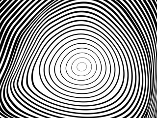 Abstract hypnotic wave pattern with black-and-white striped lines. Psychedelic background. Op art, optical illusion. Modern design, graphic texture.