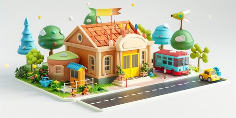 Naklejka premium 3d cute children's school, white color background, natural features, cheerful color classification, intricate details