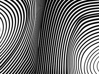 Abstract hypnotic wave pattern with black-and-white striped lines. Psychedelic background. Op art, optical illusion. Modern design, graphic texture.