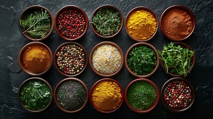 Set of colored spices in bowls and herbs on a black stone background, View from above, Top view