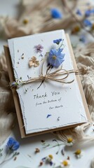 Handmade paper thank you card mockup, An exquisite handcrafted thank you card adorned with pressed wildflowers and rustic twine, expressing heartfelt gratitude.