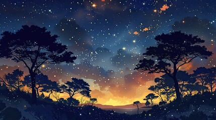 Fototapeta premium A star filled night sky above a tranquil landscape, with silhouetted trees framing the scene