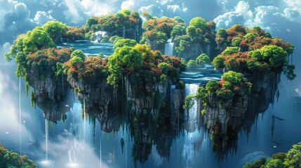 A surreal landscape of floating islands with cascading waterfalls