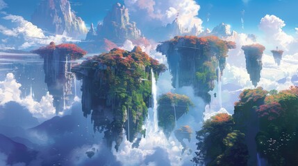 A surreal landscape of floating islands with cascading waterfalls
