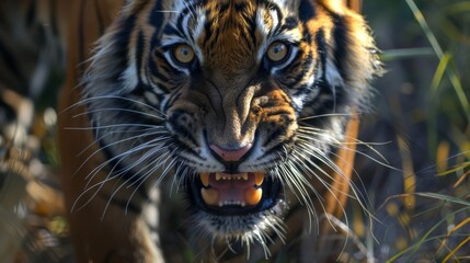 A close-up view of a roaring tiger, showing its sharp teeth and powerful jaw as it opens its mouth wide. The tigers intense gaze and striped fur are prominent in the image.