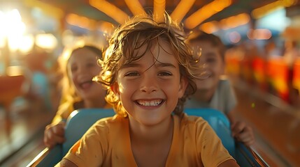 Obraz premium Golden Hour Family Thrills: Vibrant Amusement Park Adventure