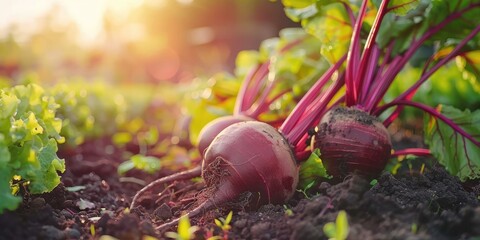 Harvest red beets in the garden.