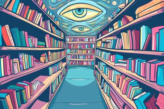 Cartoon cute doodles of a child's eyes widening with wonder as they explore the enchanting children's section, Generative AI
