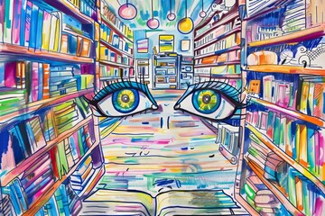 Cartoon cute doodles of a child's eyes widening with wonder as they explore the enchanting children's section, Generative AI