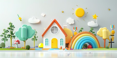 Fototapeta premium 3d cute children's school, white color background, natural features, cheerful color classification, intricate details