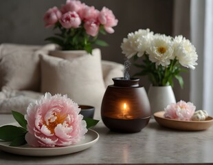Interior design with aroma diffuser and peony flower on table.
