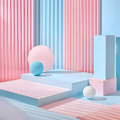 The image is a colorful and vibrant display of pink, blue, and purple. The pink and blue colors are dominant, with pink being the most prominent color. A variety of shapes, including a square