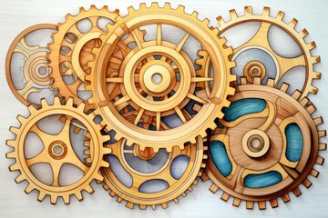 Wooden Gears, Gears with a natural wood grain texture - obrazy, fototapety, plakaty