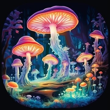 Underwater Scene, Glowing mushrooms on the ocean floor