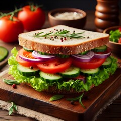 a sandwich with lettuce and tomatoes on a wooden table