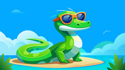 create a transparant background watercolor cute snake illustration. cartoon green python in sunglasses is symbol