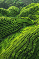 Fototapeta premium An aerial view of the lush green tea fields with intricate patterns and textures created by rows upon rows of tea plants. 