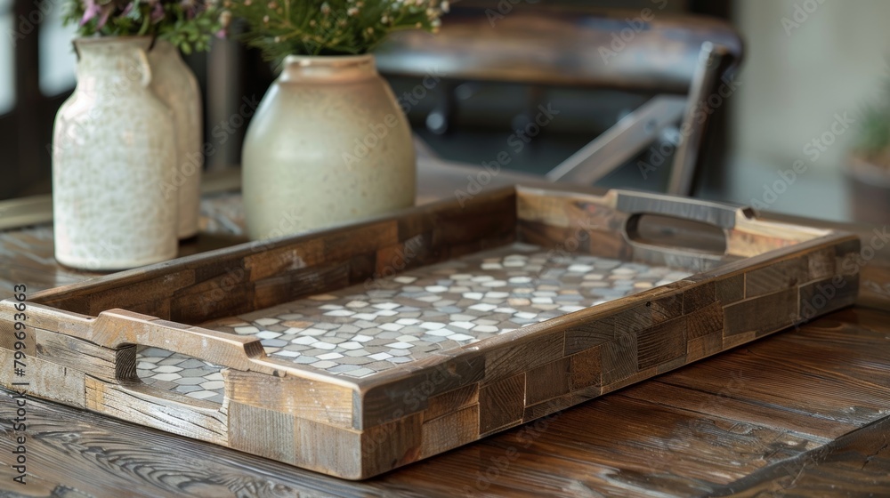 Poster an elegant serving tray crafted from reclaimed wood and lined with mosaic pieces of ceramic creating