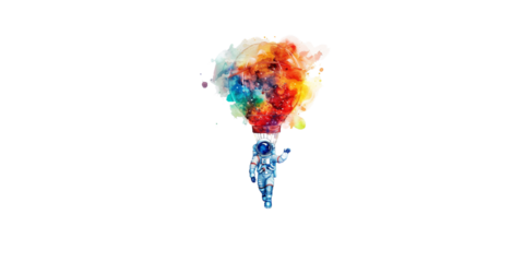 Watercolor astronaut flying in a hot air balloon made of a colorful nebula, in the style of clipart, isolated on a white background