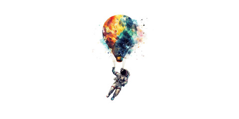 Watercolor astronaut flying in a hot air balloon made of a colorful nebula, in the style of clipart, isolated on a white background
