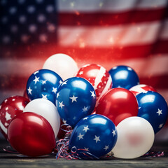 Colorful balloons patterned after the American flag, offering a cheerful background with copy space for festive messages