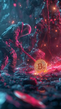 Dynamic 3D artwork of a miner in a digital landscape, striking a Bitcoin vein with a glowing pickaxe, abstract tech background