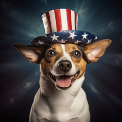 Joyful Jack Russell in a star-spangled hat, holding a small American flag, at a festive Independence Day celebration