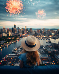 Small girl in a star-spangled hat watching fireworks, American Independence Day celebration, cityscape behind