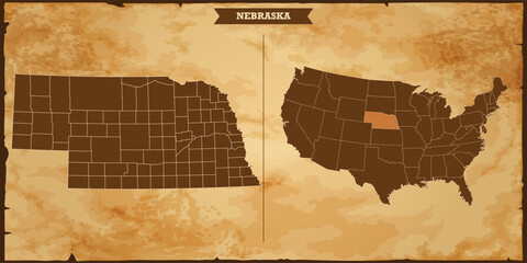 Nebraska state map, United States of America map with federal states in A vintage map based background, Political USA Map - obrazy, fototapety, plakaty