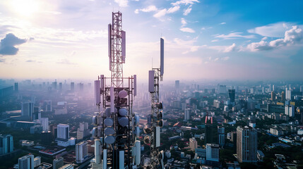 Towering 5G antenna dominating the skyline, the heartbeat of global connectivity 