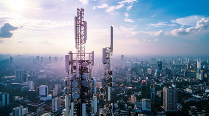 Obraz premium Towering 5G antenna dominating the skyline, the heartbeat of global connectivity 