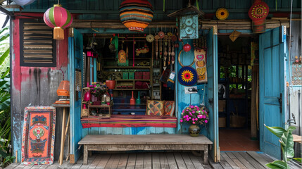Naklejka premium Colorful traditional shop front with handmade crafts and decorations in a vibrant village