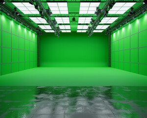 Versatile green screen for a multipurpose studio, blank and ready for graphic overlays and interactive media use