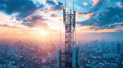 Towering 5G antenna dominating the skyline, the heartbeat of global connectivity 