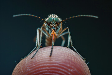 Mosquito on a finger, mosquito on skin, close-up of mosquito on a human