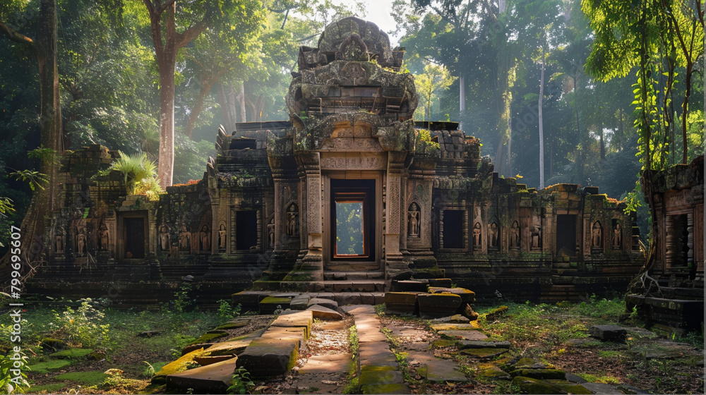 Poster ancient temple ruins surrounded by lush greenery and sunlight filtering through trees in a serene fo