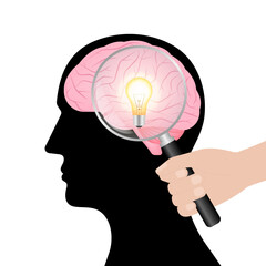 Hand Holding Magnifying Glass with Brain and Lightbulb. Brainstorm, Creativity and Thinking Idea Concept. Vector Illustration. 